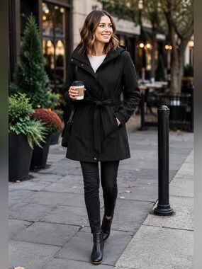 DKNY Hooded Belted Softshell Trench Coat Black Fleece Lined Jacket XS